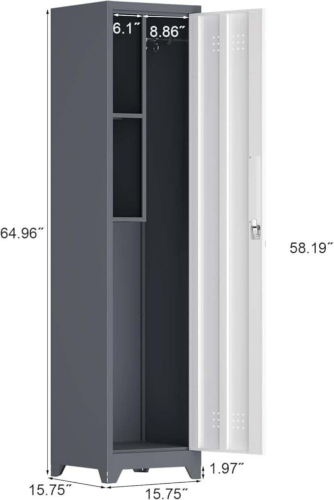 Storage Cabinet,Slim Broom Closet Storage Cabinets with Lockable Doors,Narrow Utility Cabinets with Hanging Rod,Tall Broom Closet for Laundry,Home Office,Grey-White-Ruum Studio Home
