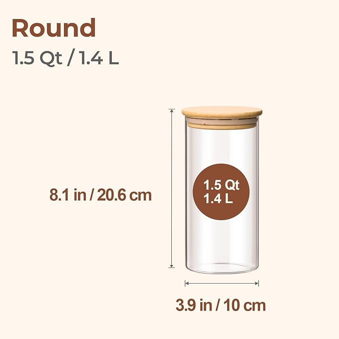 ComSaf Airtight Glass Storage Canister with Wood Lid(1.5 Qt), Set of 3 Glass Jars with Lids, Clear Food Storage Container Jar with Sealing Lids for Dry Food Cereal Oat Sugar Tea Coffee Beans, Round-Ruum Studio Home