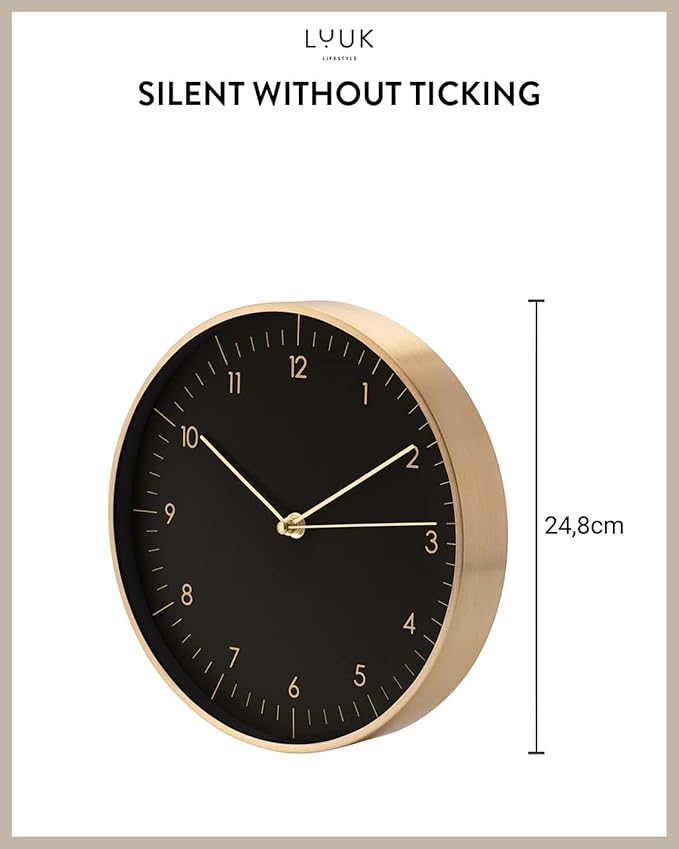 LUUK LIFESTYLE Modern Wall Clock with Silent Quartz Movement, Stylish & Functional, Decoration for Bedroom, 12 inch, in Black & Gold-Ruum Studio Home