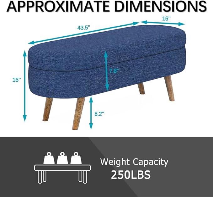 Oval Storage Bench 43.5" Linen Fabric Upholstered Entryway Bench with Solid Wood Legs Ottoman Bench Indoor Bench for Living Room/Bedroom/End of Bed/Entryway (Dark Blue)-Ruum Studio Home