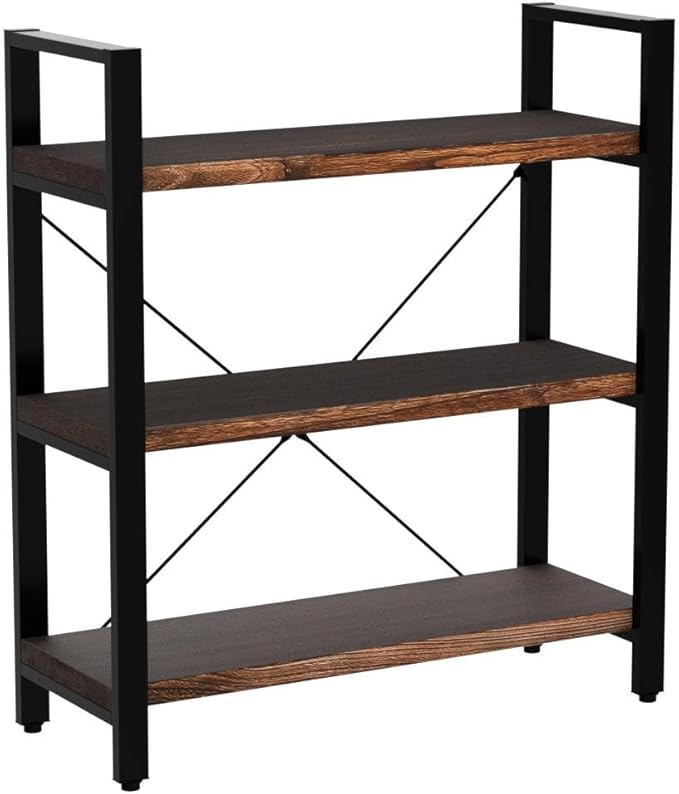 Natural Real Solid Wood Bookcase,3 Tier Metal and Wood Open Book Shelf Storage Farmhouse Wide Etagere Bookcase for Office Living Bedroom-Ruum Studio Home