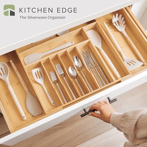 Premium Silverware, Flatware and Utensil Organizer for Kitchen Drawers, Food-Safe Contract Grade, Expandable from 18 to 33 In, Natural Bamboo-Ruum Studio Home