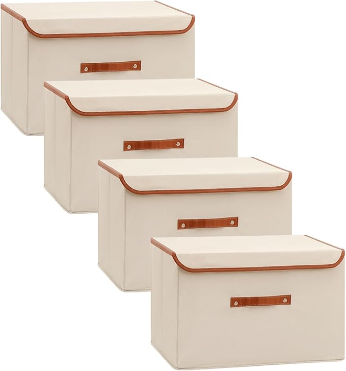 Tuza 4 Pack Large Fabric Storage Bins with Lids, Foldable Storage Boxes with Lids for Organizing, Decorative Storage Boxes with Handles for Home, Bedroom, Closet, Office(Khaki, Large)-Ruum Studio Home