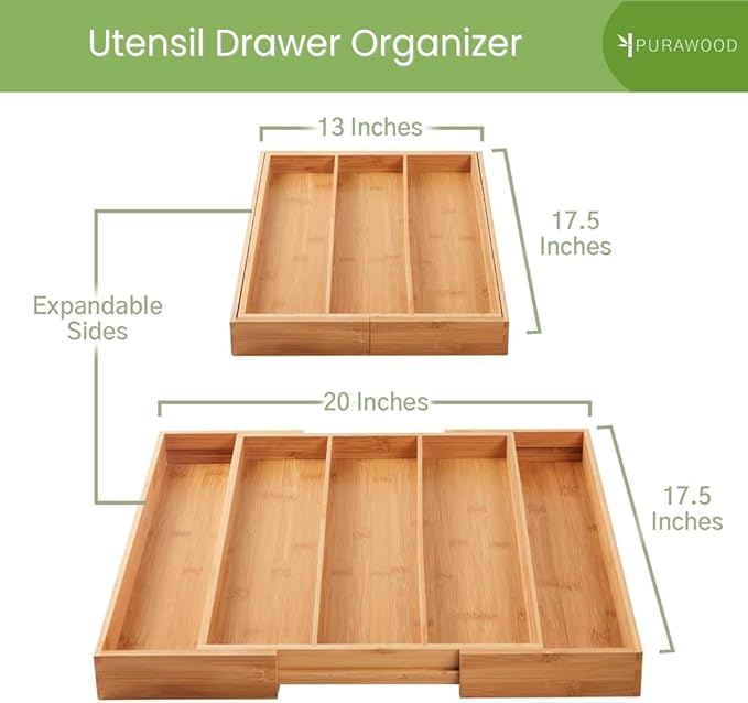 Bamboo Drawer Organizer, 2 Pack - Expandable Silverware Organizer & Utensil Drawer Organizer, Cutlery Tray with Dividers, 7-9 Slots - Premium Kitchen Organizer for Utensils & Flatware (Natural)-Ruum Studio Home