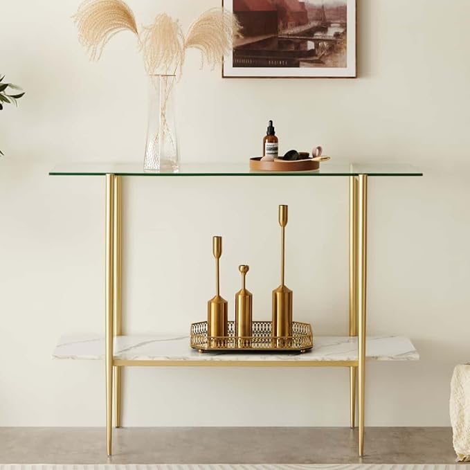 Glass Console Table for Living Room, Foyer & Entrance, 2-Tiers Mid-Century Modern Sofa Table with Clear Glass Top, White Marble Finish Wood Shelf and Gold Finish Frame-Ruum Studio Home
