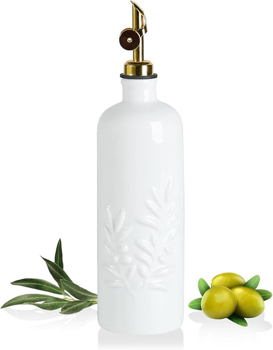 Sweejar 18 Oz Oil Dispenser for Kitchen with Gravity Spout, Ceramic Olive Oil Dispenser Bottle, Relief Opaque Vinegar Container for Evoo, Vinegar, Soy Sauce, Pack of 1(White, Gold Spout)-Ruum Studio Home