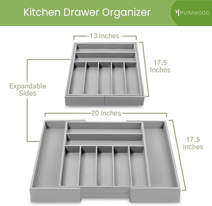 Purawood Bamboo Drawer Organizer - Expandable Silverware Organizer & Utensil Organizer, Cutlery Tray with Dividers, 7-9 Slots - Premium Kitchen Drawer Organizer for Utensils & Flatware (Grey)-Ruum Studio Home