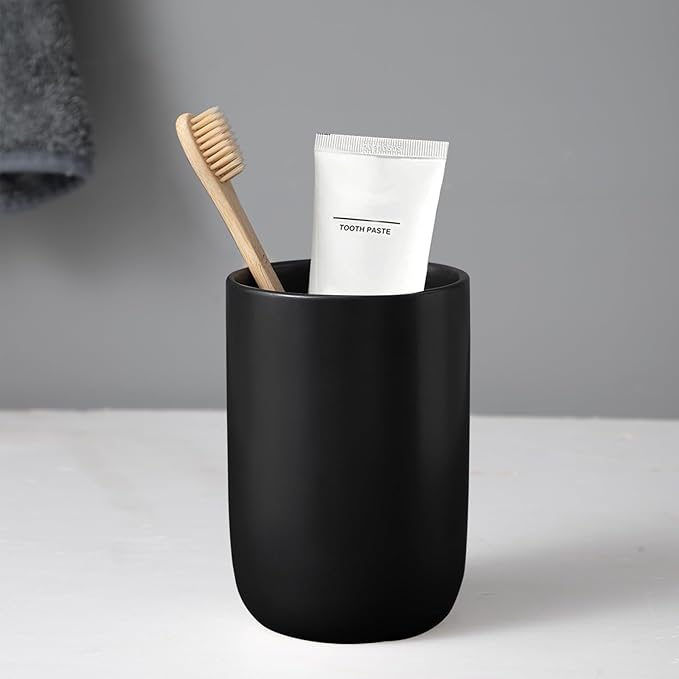 Matte Black Toothbrush Holders for Bathrooms - 1 Cups Ceramic Toothbrush Toothpaste Holders, Black Bathroom Tumbler Cup Reusable Toothbrush Cup Black Mouthwash Cup, Bathroom Counter Organizer-Ruum Studio Home