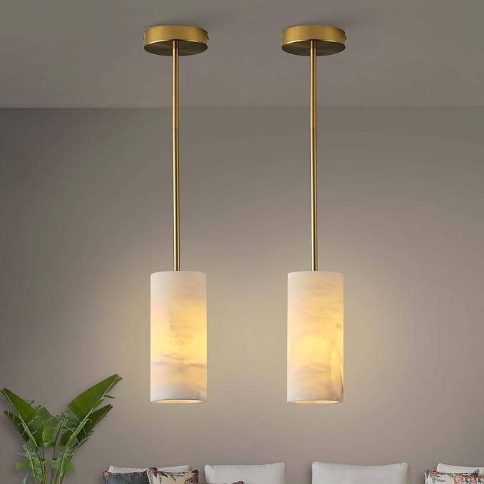 Alabaster Pendant Light Kitchen Island, H-9.5in Brass Pendant Light Fixtures with Natural Marble Shade, Adjustable Ceiling Pendant for Dining Room, Living Room, Bedroom & Bathroom-Ruum Studio Home