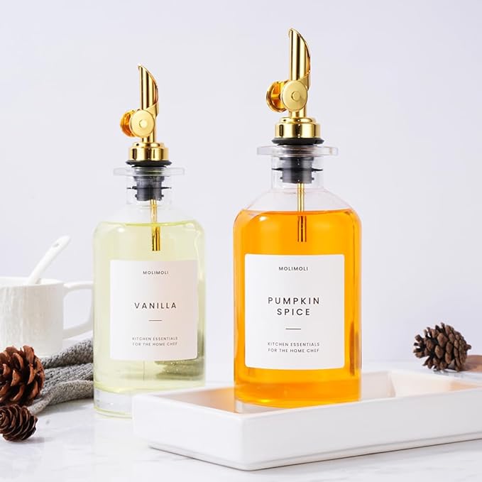Molimoli Olive Oil Dispenser Bottle for Kitchen, Coffee Syrup Dispenser w. Weighted Pourer, Glass Bottle Dispenser for Kitchen with Ceramic Tray | Gold, 350ml, Set of 2-Ruum Studio Home