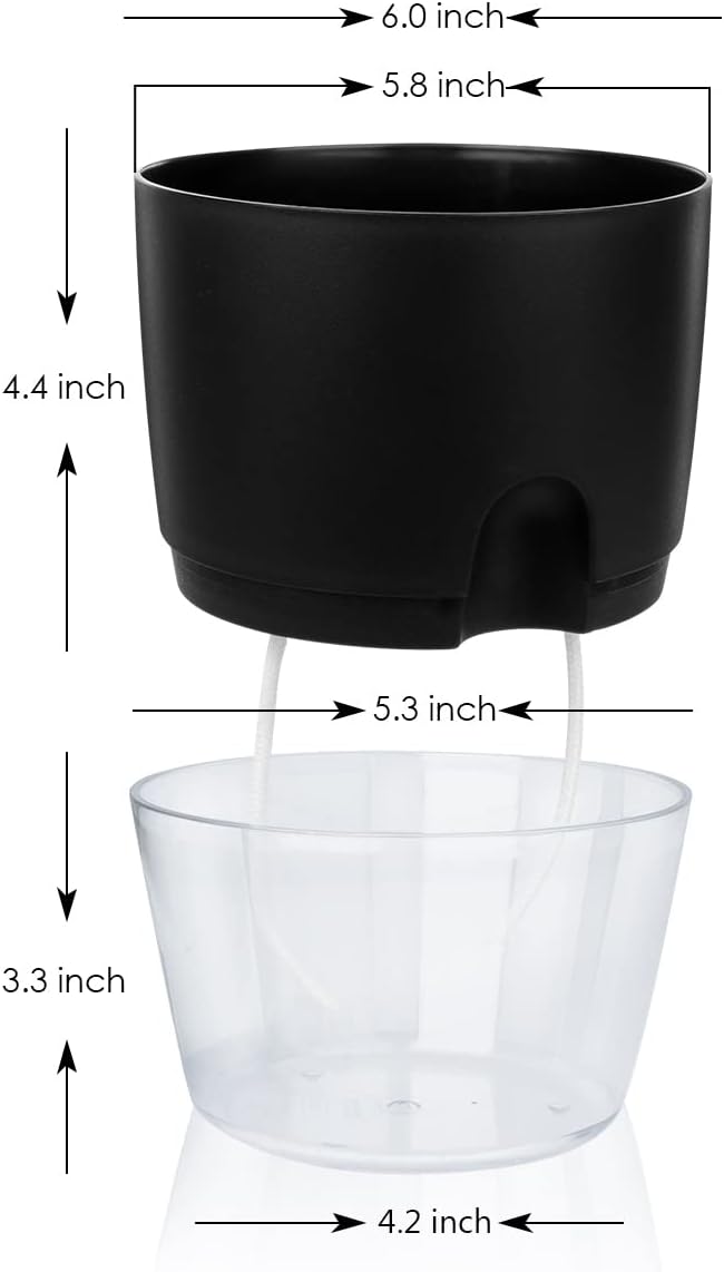 Vanavazon 6 Inch Self Watering Planter Pots for Indoor Plants, 3 Pack African Violet Pots with Wick Rope-Black-Ruum Studio Home
