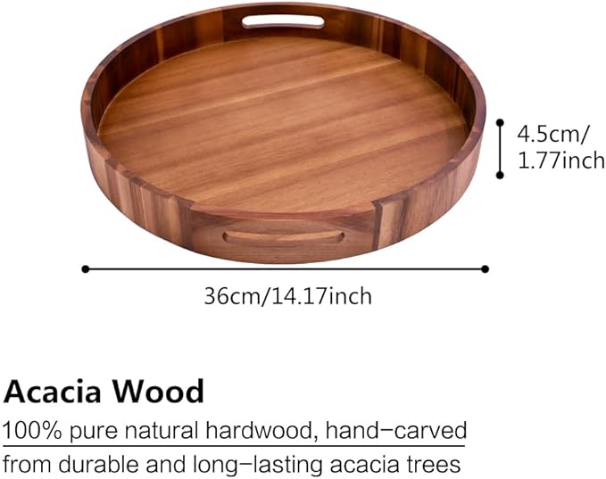 Large Round Wood Serving Tray, Wooden Trays with Handles for Ottoman Table, Vintage Acacia Tray Circle Wood Tray for Indoor Outdoor Organization and Decoration, Including 4 Round Wooden Coasters-Ruum Studio Home
