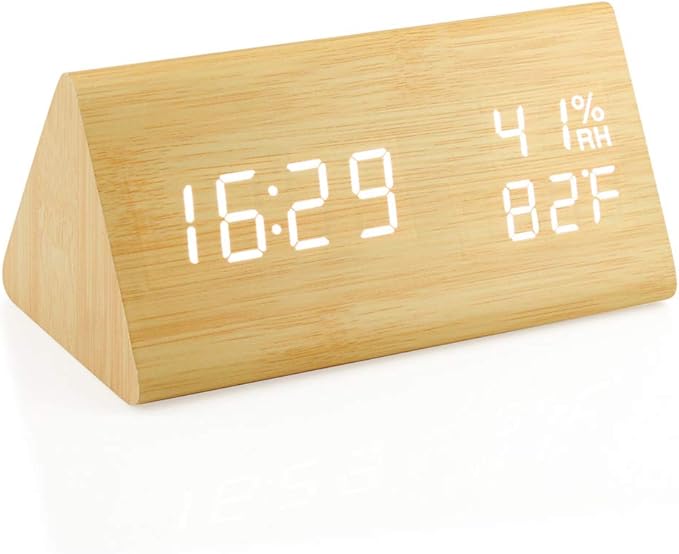 OCT17 Wooden Alarm Clock, Wood Alarm Clock Smart LED Digital Clock for Bedroom/desks, Upgraded with Time Temperature, Adjustable Brightness and Voice Control, Humidity Displaying - Bamboo-Ruum Studio Home