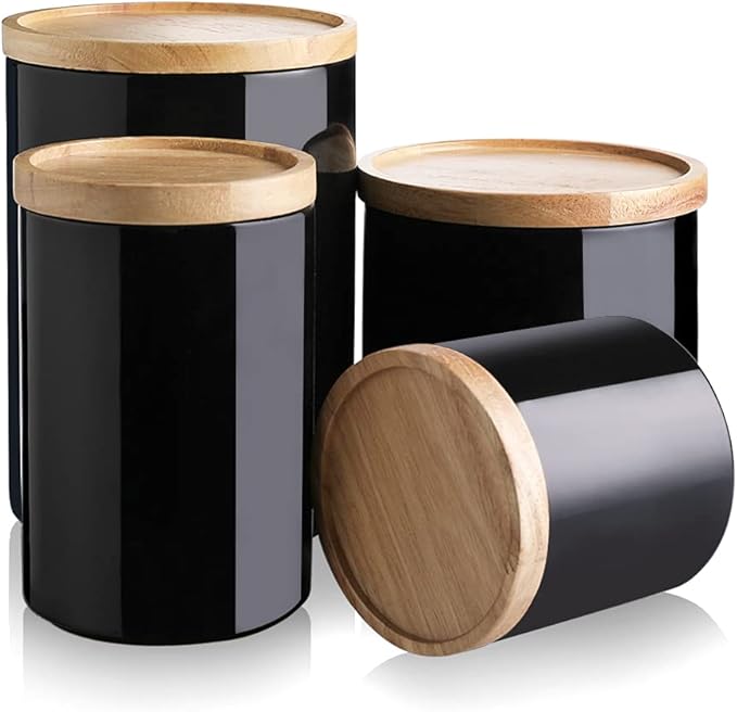 Sweejar Kitchen Canisters Ceramic Food Storage Jar Set, Stackable Containers with Airtight Seal Wooden Lid for Serving Ground Coffee, Tea, Herbs, Grains, Sugar, Salt - Set of 4 (Black)-Ruum Studio Home