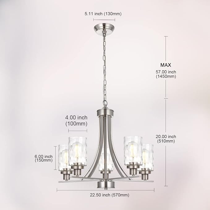 BONLICHT 5 Light Modern Chandeliers Brushed Nickel Kitchen Island Dining Room Lighting Fixtures Ceiling Hanging Clear Hammered Glass Pendant Lamp Transitional Pendant Lights for Living Room Foyer-Ruum Studio Home