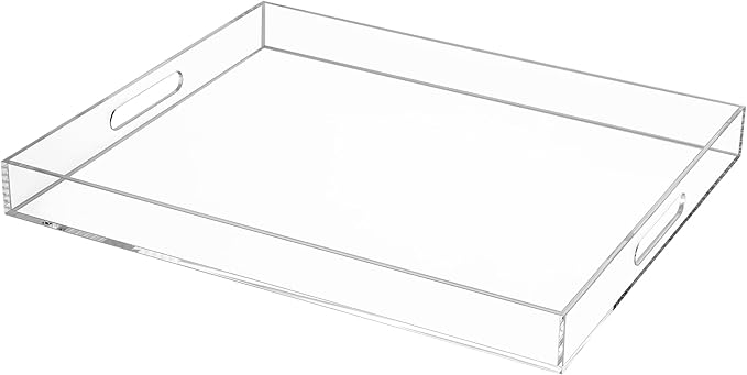 Clear Rectangular 16x20 Inches Acrylic Ottoman Tray Decorative Serving Tray with Cutout Handles Organizer Tray on Coffee Table Countertop Big Breakfast Bed Tray Living Room Appetizer Serving Food-Ruum Studio Home