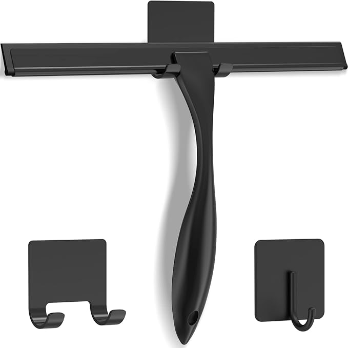 All-Purpose Stainless Steel Shower Squeegee for Shower Doors with 2 Adhesive Hooks, Bathroom Cleaner Tool Household Window Mirror Squeegee for Home Cleaning, Glass Door, Tile Wall, Car, 10 Inch Black-Ruum Studio Home