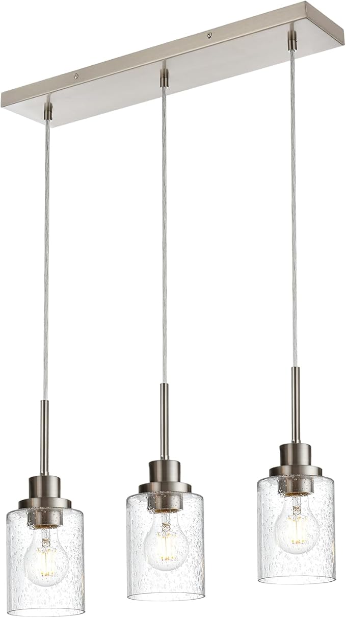 3-Light Farmhouse Chandelier Light Fixture Brushed Nickel Clear Seeded Glass Dining Room Hanging Modern Pendant Lighting Over Table,Traditional Ceiling Lights for Kitchen Island Entryway-Ruum Studio Home