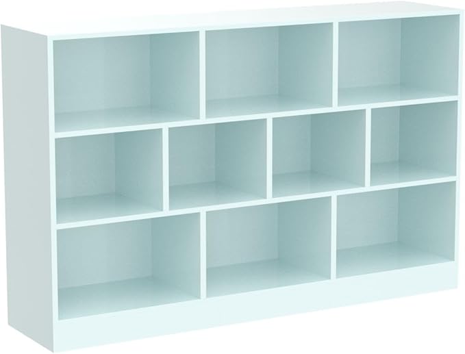 IOTXY Open Shelf Low Bookcase - Wooden 3-Tier Floor Standing Display Cabinet Organizer with Base, 10 Cubes Short Horizontal Bookshelf in Tiffany-Green-Ruum Studio Home