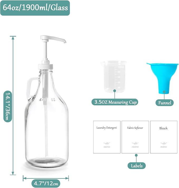 Glass Laundry Detergent Dispenser with Pump, 64OZ Liquid Laundry Soap Dispenser, Fabric Softener Dispenser Bottle for Laundry Room Organization and Storage, 1 Pack-Ruum Studio Home