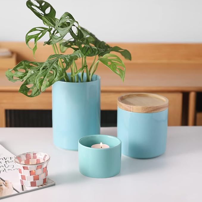Sweejar Kitchen Canisters Ceramic Food Storage Jar, Stackable Containers with Airtight Seal Wooden Lid for Serving Ground Coffee, Tea, Sugar, Spice and More - 5 Fl Oz(Turquoise)-Ruum Studio Home