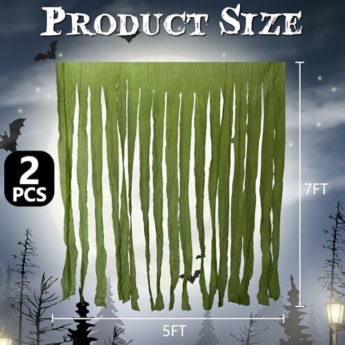 RunNico 2Pcs 85" x 60" Large Halloween Door Curtain Decoration, Green Gauze Doorway Curtain, Creepy Cloth Strip Drape for Halloween Horror Theme Party Haunted House Costume Decor-Ruum Studio Home