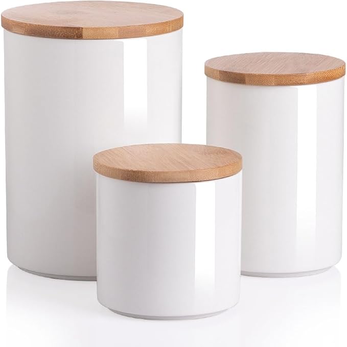 Sweejar Ceramic canisters for kitchen counter,Stackable Food Containers Set with Airtight Seal Bamboo Lid for Serving Ground Coffee, Tea, Spice, Flour and Sugar-Set of 3 (White)-Ruum Studio Home