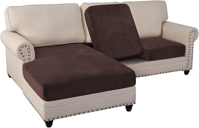 PrinceDeco Sectional Couch Covers 3 Pieces Velvet Sofa Covers L Shape Soft Couch Covers for Sectional Sofa Corner Sofa Cover Couch Cover for Dogs Washable (2 Seater + 1 Chaise,Brown)-Ruum Studio Home