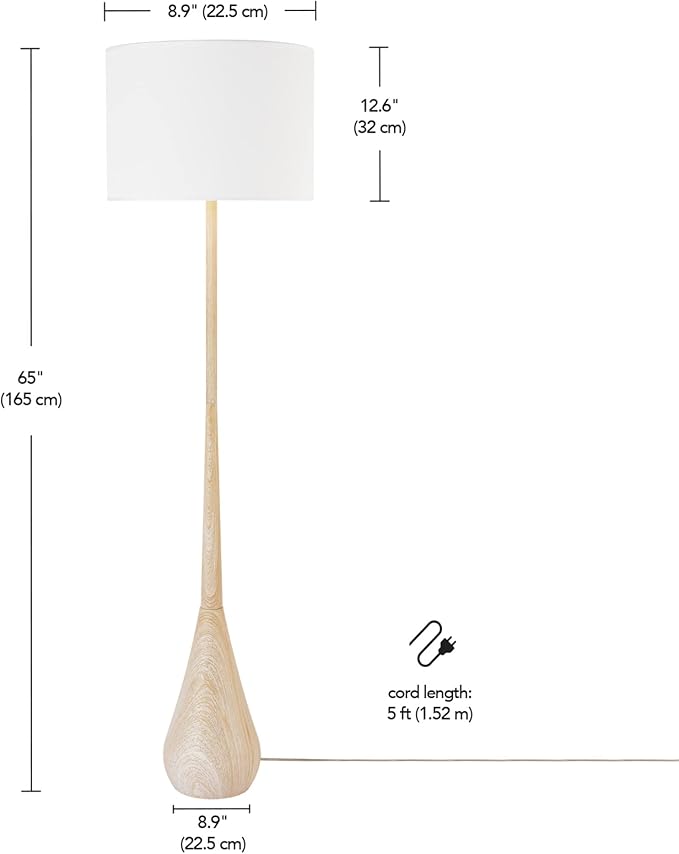 GLOBE Electric 52112 65" Floor Lamp, Faux Wood Finish, White Cotton Shade, Japandi Style, E26 Base, Modern Bedroom and Living Room Lighting-Ruum Studio Home