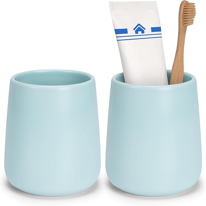 Bathroom Tumbler Cup Ceramic 2Pcs 13.5oz Reusable Toothbrush Cup 400ml,Toothbrush Holder Adequate for Your Bathroom (Cyan)-Ruum Studio Home