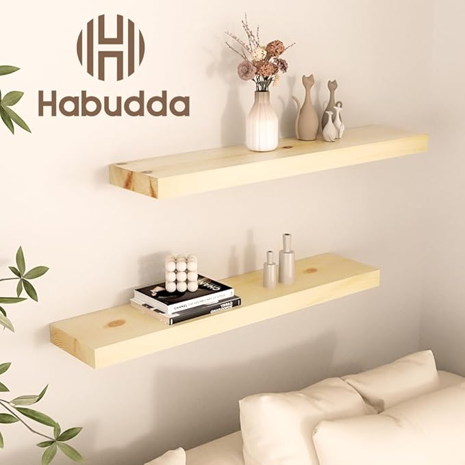 Habudda Floating Shelves for Wall, Solid Pine Wood Shelf for Bathroom Bedroom Kitchen, Rustic Room Decor, Wall Mounted, 30 Inches Long, Set of 2, Natural-Ruum Studio Home