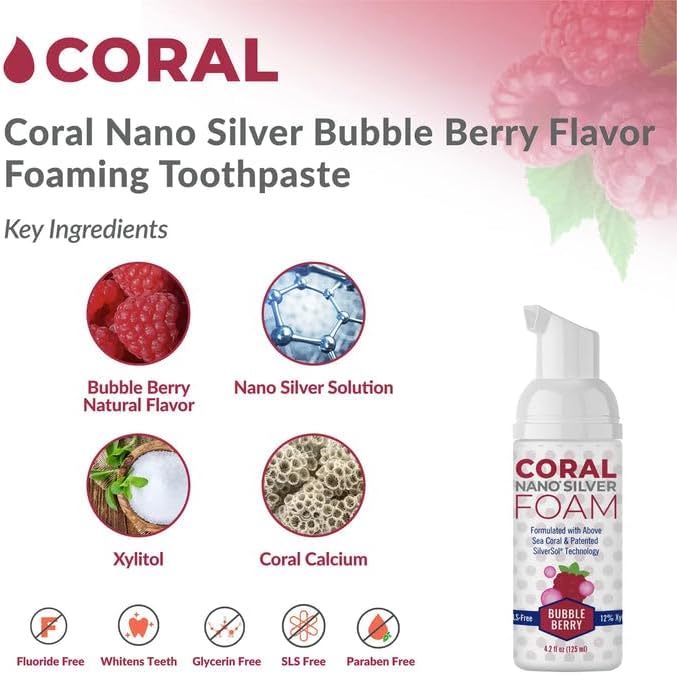 Coral Nano Silver Kids Fluoride Free Foaming Bubble Berry Coral Calcium Toothpaste, Natural Formula, SLS and Glycerin Free - 4 Ounce-Ruum Studio Home
