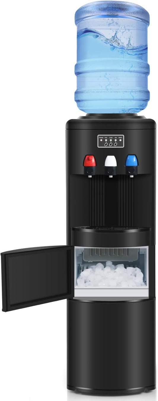 ICEPURE Water Dispenser with Ice Maker, 3-in-1 Hot and Cold Water Cooler with Built-in Bullet Ice Maker Machine, 26.5lbs/24H, Top Loading for 3-5 Gallon Bottle, Child Safety Lock, Black-Ruum Studio Home