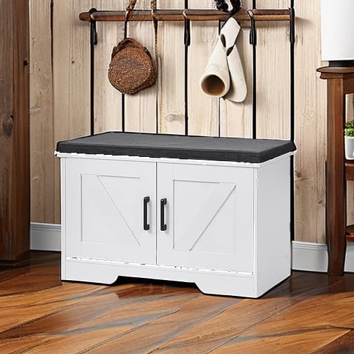 2-Tier Storage Bench, Shoe Bench with Padded Seat Cushion, Entryway Bench with 2 Barn Doors, Adjustable Shelf, 13.8" D x 27.6" W x 17.7" H, for Entryway, Living Room, Bedroom, White-Ruum Studio Home