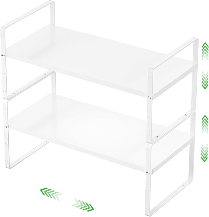 Expandable Cabinet Storage Shelf Stackable Organizer Rack for Kitchen Bathroom Pantry Spice Cupboard Countertop Home Office Desk Heavy Duty Nonslip White Large 2 PACK-Ruum Studio Home