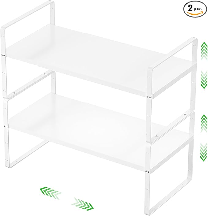 Expandable Cabinet Storage Shelf Stackable Organizer Rack for Kitchen Bathroom Pantry Spice Cupboard Countertop Home Office Desk Heavy Duty Nonslip White Small 2 PACK-Ruum Studio Home
