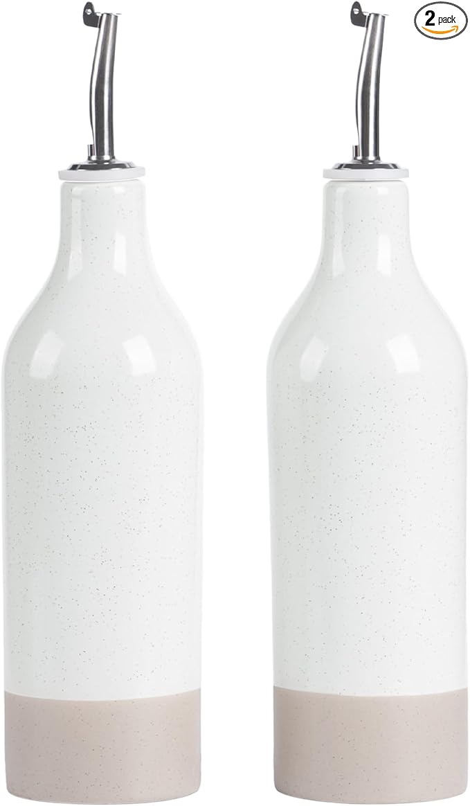 famiware Milkyway 16oz Ceramic Olive Oil Dispenser Bottle, Olive Oil and Vinegar Dispenser Bottle Set of 2 with Stainless Steel Pourers, Suitable for Storage Vinegar, Soy Sauce, Liquids, White-Ruum Studio Home
