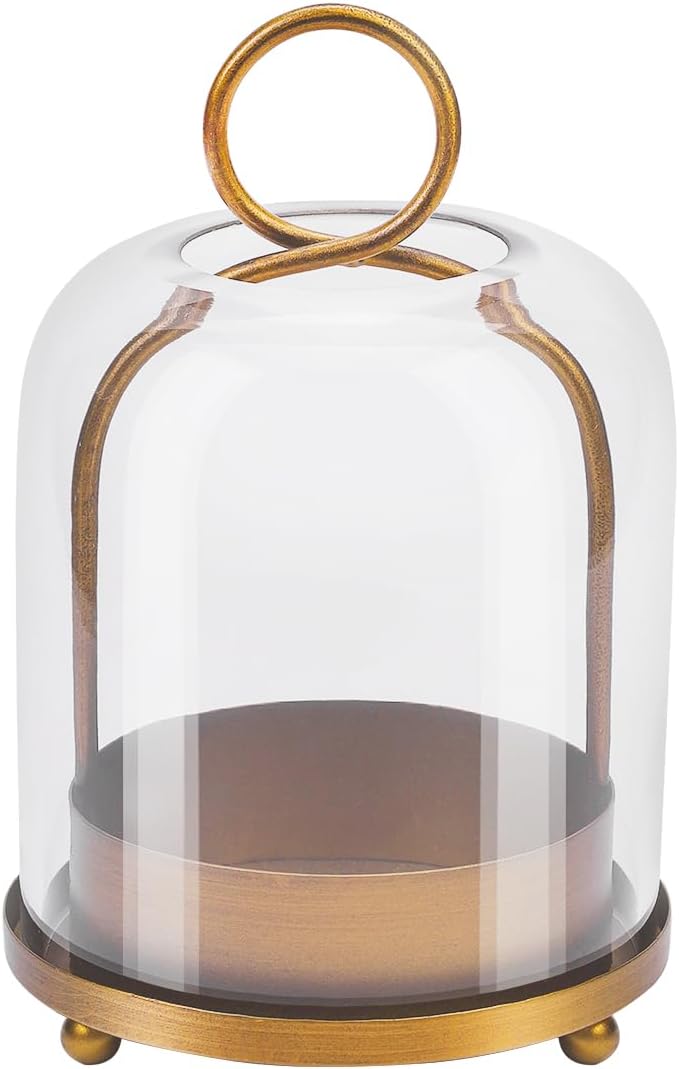 5"x7.5" Versatile Modern Metal Hurricane Lantern with Handmade Sturdy Glass Dome for 3" Pillar Candle & Plants (Brass, 5"x7.5" for 3" Pillar)-Ruum Studio Home