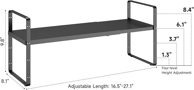 16.5~27.1" Expandable Shelf Organizer, 1Pack 8.1" Wide Stackable Cabinet Shelf Organizers, Black Metal Sturdy Kitchen Counter Storage for Countertop, Adjustable Height Spice Rack-Ruum Studio Home