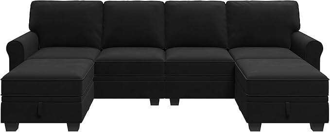 HONBAY Sectional Sofa with Storage Seat Velvet U Shaped Couch with Reversible Chaise Convertible Sectional Couches for Living Room,Black Velvet-Ruum Studio Home