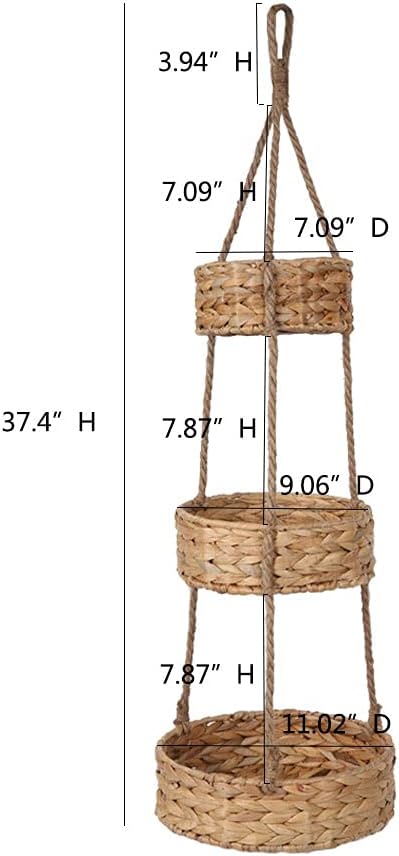 KINGWILLOW 3 Tier Hanging Fruit Basket, Handmade Natural Water Hyacinth Wall Vegetable Storage Baskets, Space Saver for Kitchen Organizing Plant Holder-Ruum Studio Home