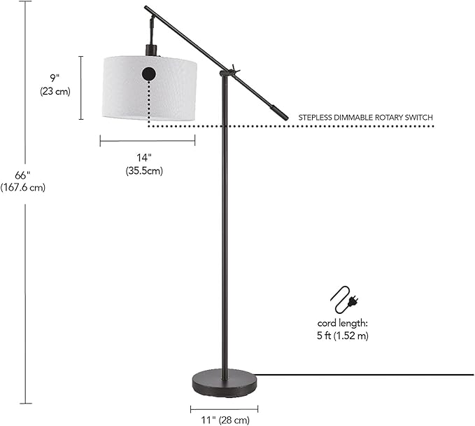 GLOBE Electric 67525 Avellino 66" Floor Lamp, Matte Black, White Linen Shade, Stepless Rotary Dimmer Switch on Socket-Ruum Studio Home