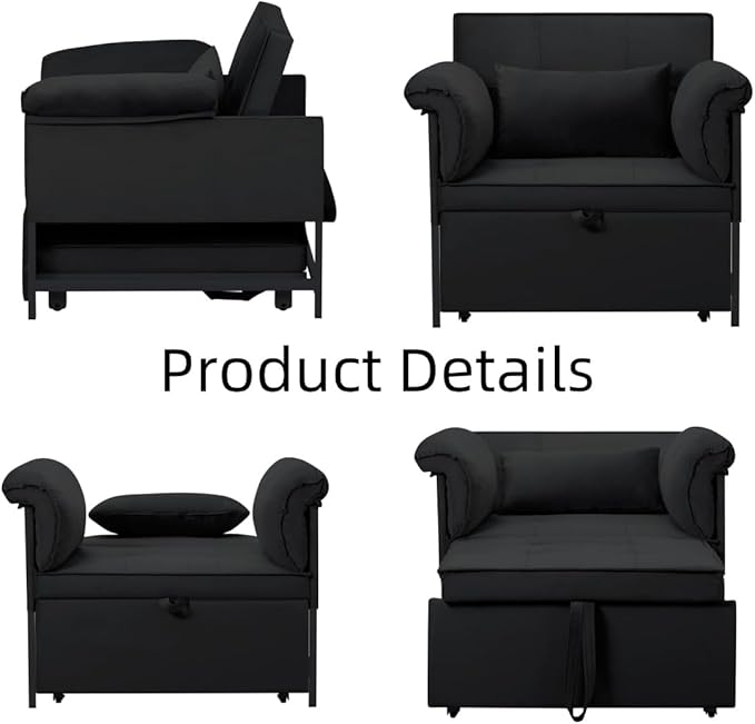 Pull Out Sofa Bed, Convertible Sleeper Chair Bed with Lumbar Pillow, 3-in-1 Sofa Chair with 3 Adjustable Backrest, Armchair Sleeper Small Couch for Small Spaces Living Room Black-Ruum Studio Home