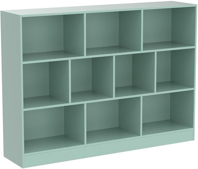IOTXY Open Shelf Low Bookcase - Wooden 3-Tier Floor Standing Display Cabinet Organizer with Base, 10 Cubes Short Horizontal Bookshelf in Tiffany-Green-Ruum Studio Home