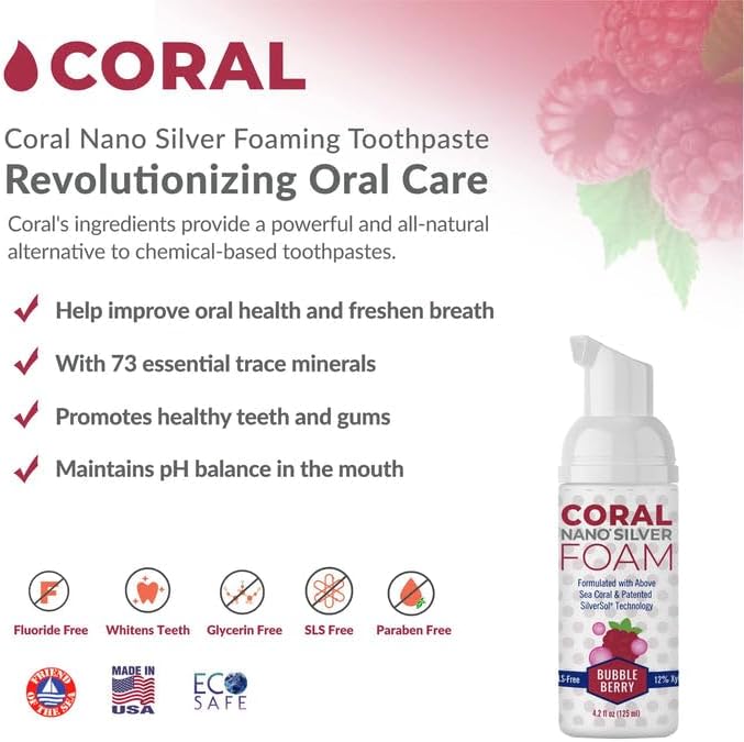 Coral Nano Silver Kids Fluoride Free Foaming Bubble Berry Coral Calcium Toothpaste, Natural Formula, SLS and Glycerin Free - 4 Ounce-Ruum Studio Home