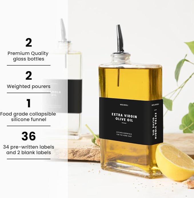 Molimoli Olive Oil Dispenser Bottle for Kitchen, Automatic Pourer, Glass Thin Bottle Dispenser for Kitchen, Olive Oil Cruet, | Set of 2 - Black-Ruum Studio Home