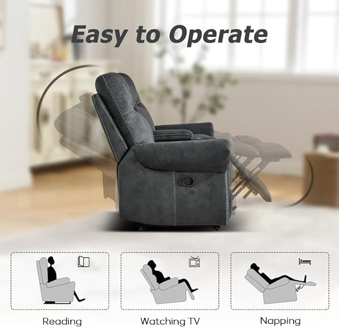 EBELLO Manual Recliner 3 Seat Sofa Couch, Soft Fabric 3 Seater Reclining Couch Chair, Vintage Rivet Mid-Century Design Furniture for Living Room, Meeting Room, Grey-Ruum Studio Home