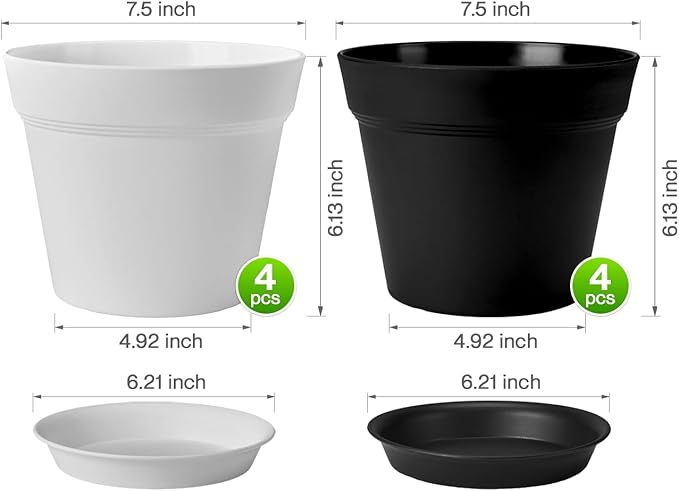 homenote Plant Pots,7.5 Inch Flower Pots for Plants Plastic Planters for Indoor with Multiple Drainage Holes and Trays, for All Home Garden Flowers Succulents,Outdoor(White&Black,8 Pack)-Ruum Studio Home