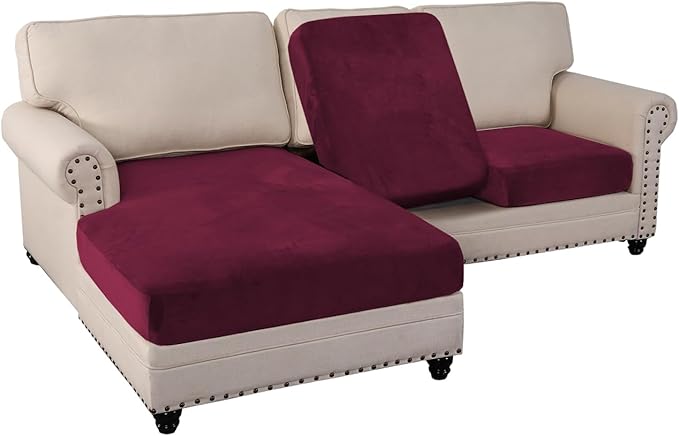 PrinceDeco Sectional Couch Covers 3 Pieces Velvet Sofa Covers L Shape Soft Couch Covers for Sectional Sofa Corner Sofa Cover Couch Cover for Dogs Washable (2 Seater + 1 Chaise,Burgundy)-Ruum Studio Home
