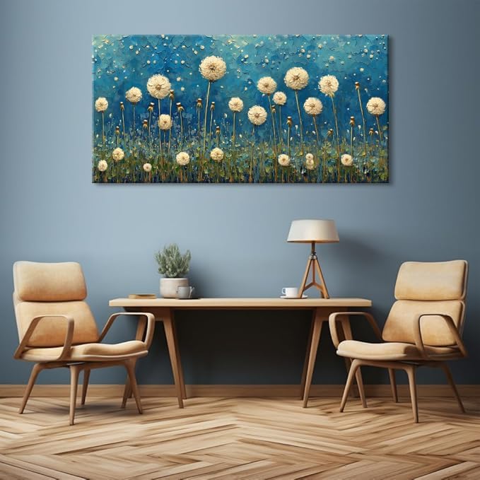 LASMOND Teal Dandelion Wall Art for Living Room Abstract Blowball Canvas Painting Prints Large Flower Floral Grassland Bedroom Decoration Modern Artwork Decor (46x23 Inches)-Ruum Studio Home